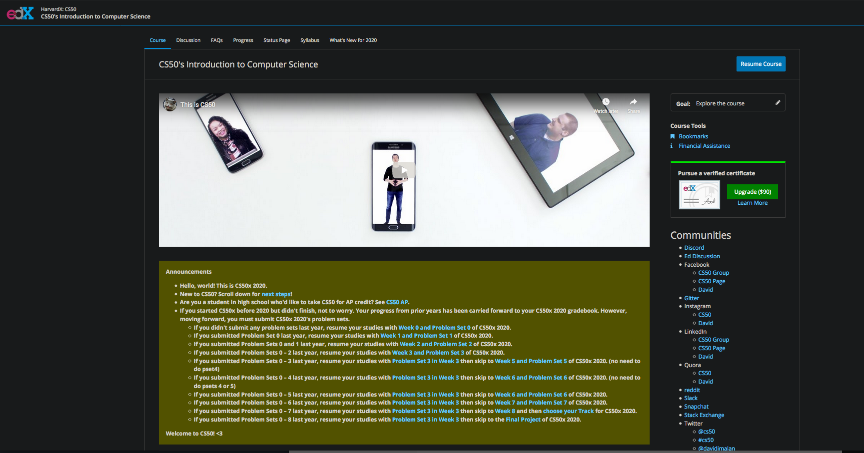 Landing page for the course, lots of text and a youtube thumbnail of the three teachers.