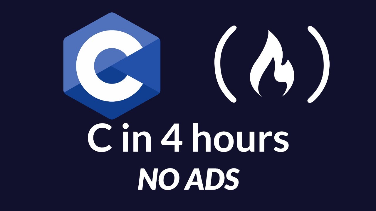 C language logo and freecodecamp logo; 'C in 4 hours no ads'