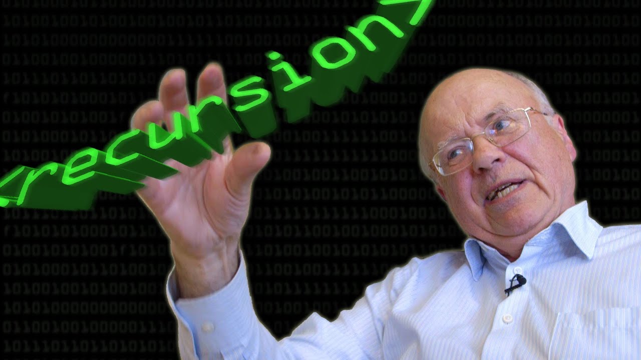 Youtube thumbnail, man with glasses and the word recursion in his hand.