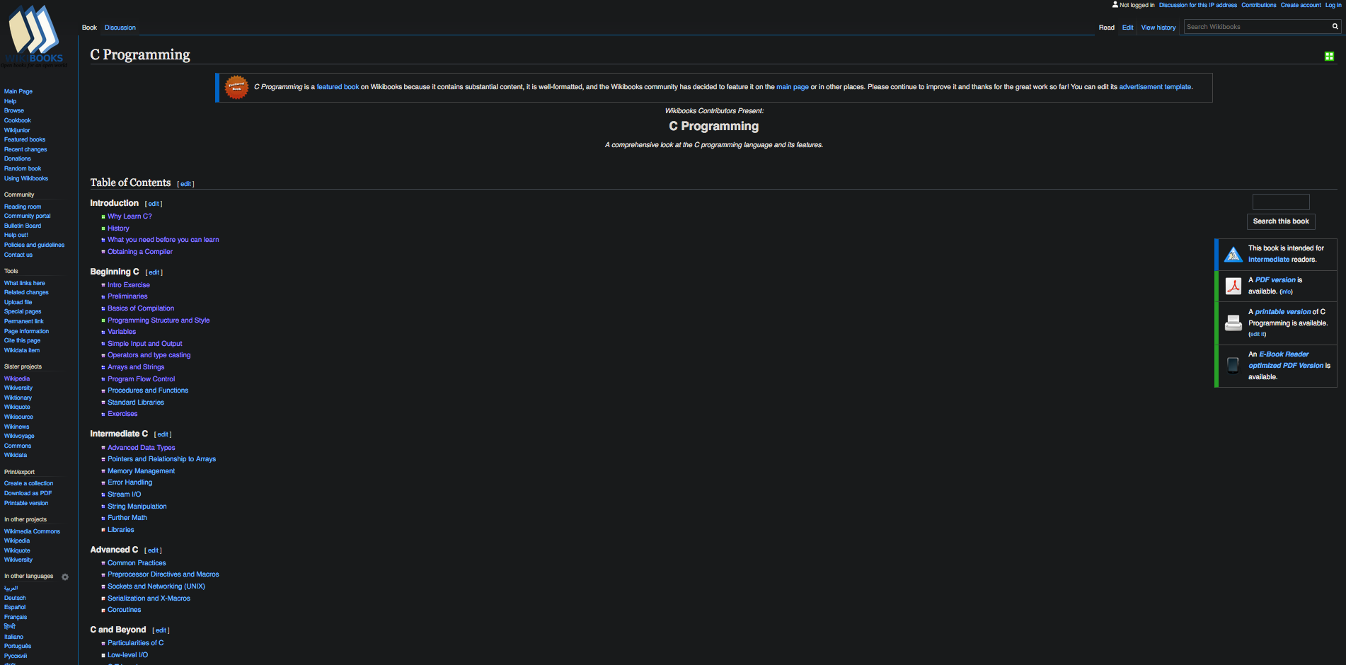 Landing page in wiki format with links to different parts of the book.