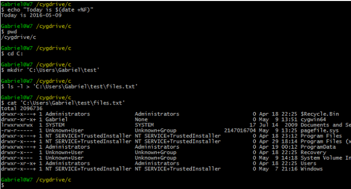 A default cygwin example. Terminal showing off different unix commands working on Windows.