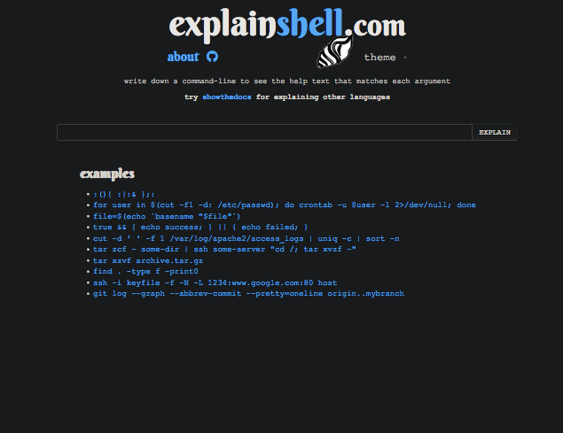 Landing page of explainshell.com, with website logo header and a search box.