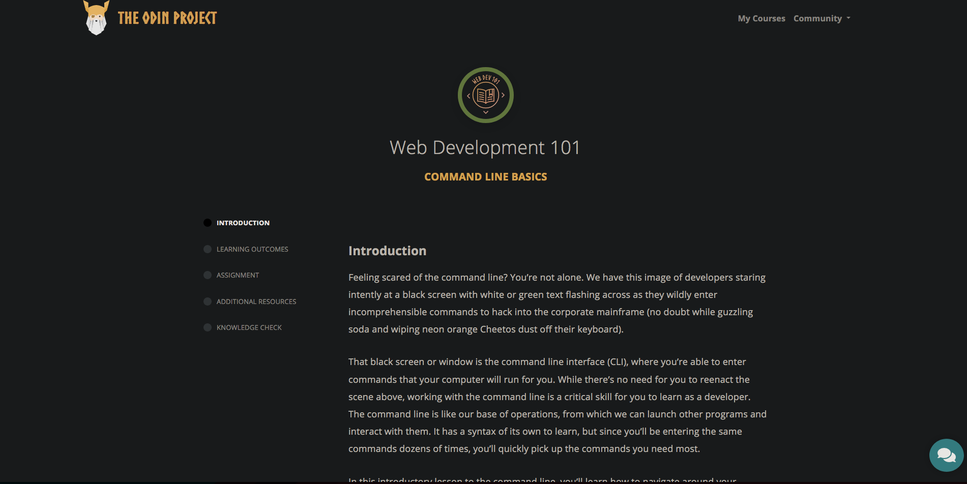 Beginning of the lesson for the CLI basics; has odin logo top left, and sidebar for current progress.