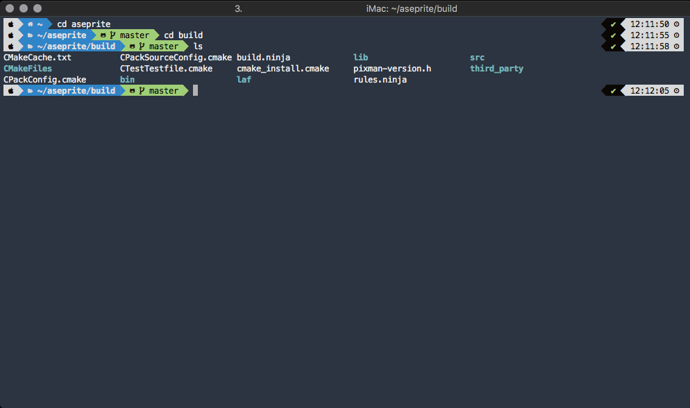 A setup using iTerm2 & powerlevel10k theme for Zsh. iTerm2 terminal displaying more information, like time with different fonts and git status.