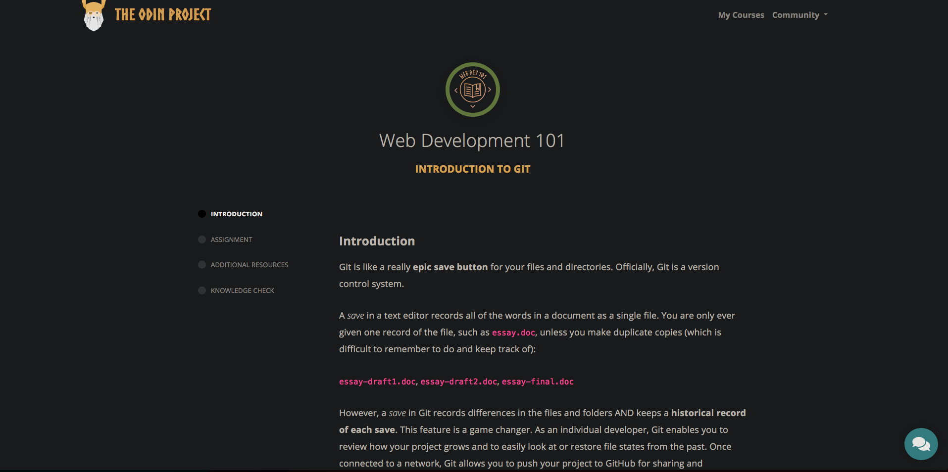Beginning of the lesson for the git basics; has odin logo top left, and sidebar for current progress.
