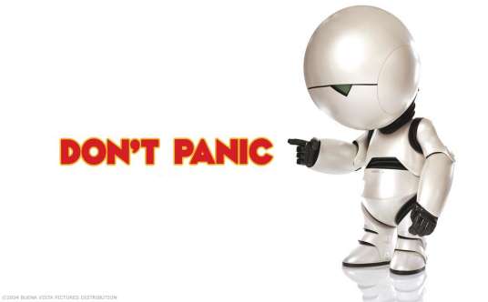 Don't panic! Marvin from hitcher's guide to the galaxy pointing to title text saying don't panic.