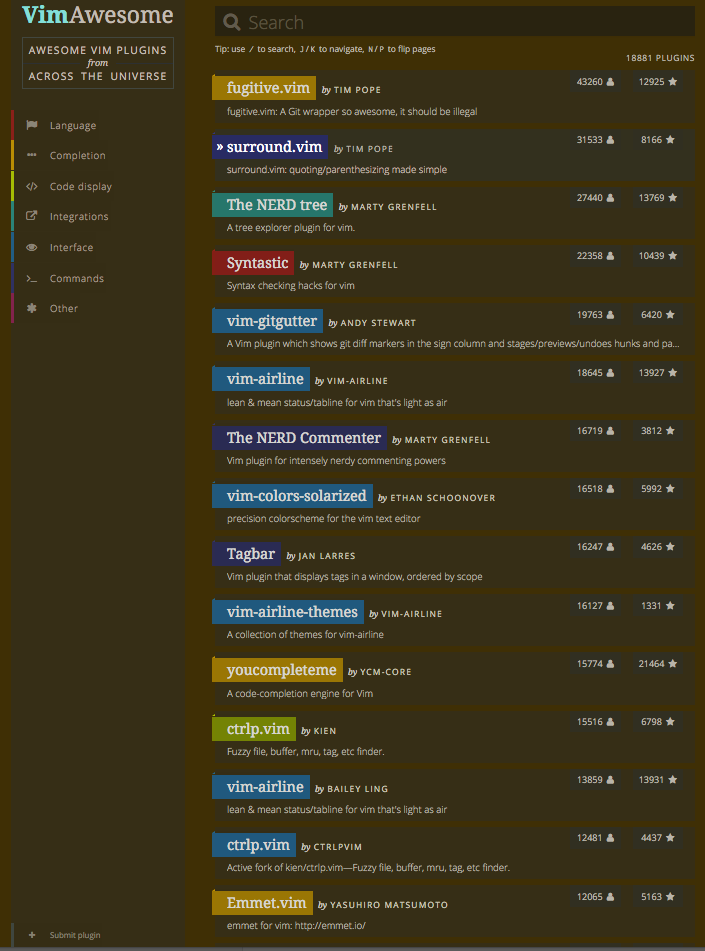 Landing page showing the most popular vim plugins.