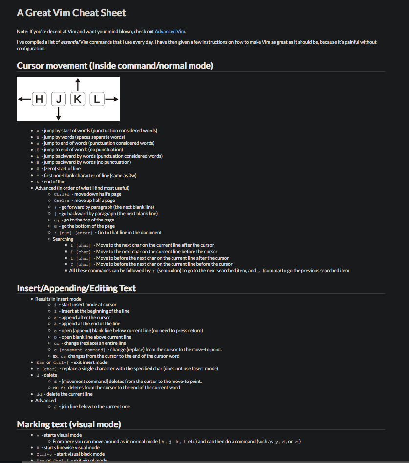 Landing page with a diagram showing the vim movement keys.