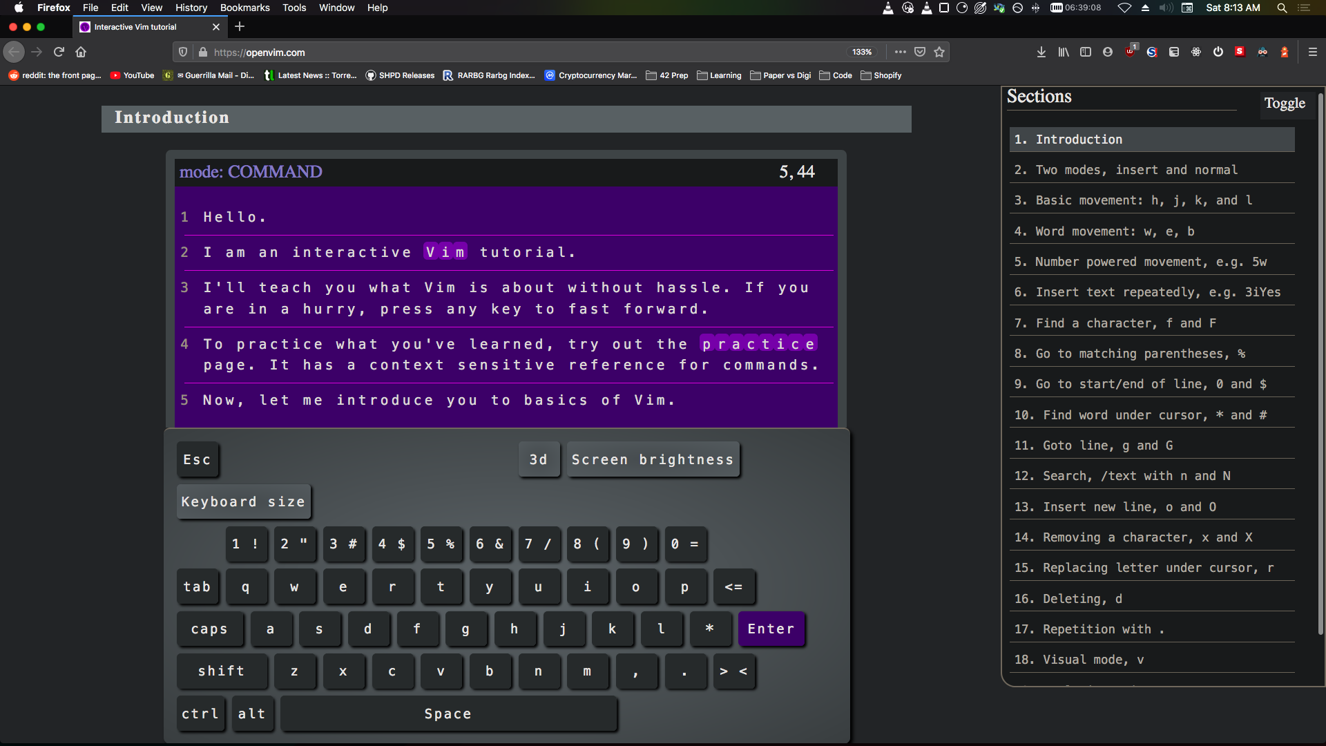 Landing page with a mock terminal and scrolling side bar for lesson tracking.