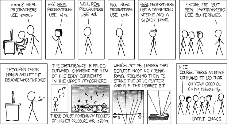 Always an XKCD for everything. XKCD comic with multiple panels talking about which text editor real programmers use.