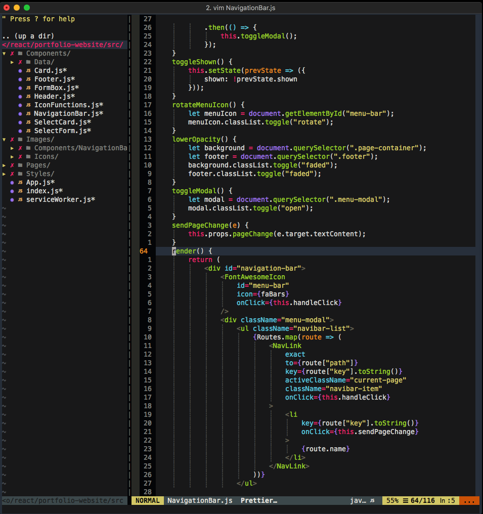 Making Vim a little like VScode. A sample of some javascript code with vim plugins enabled.