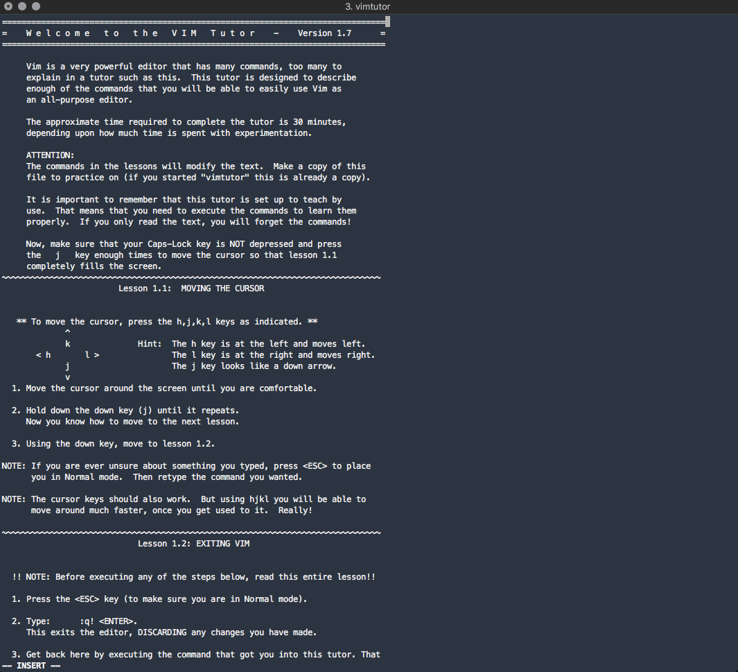 Text result of running vimtutor in terminal; beginning of program.