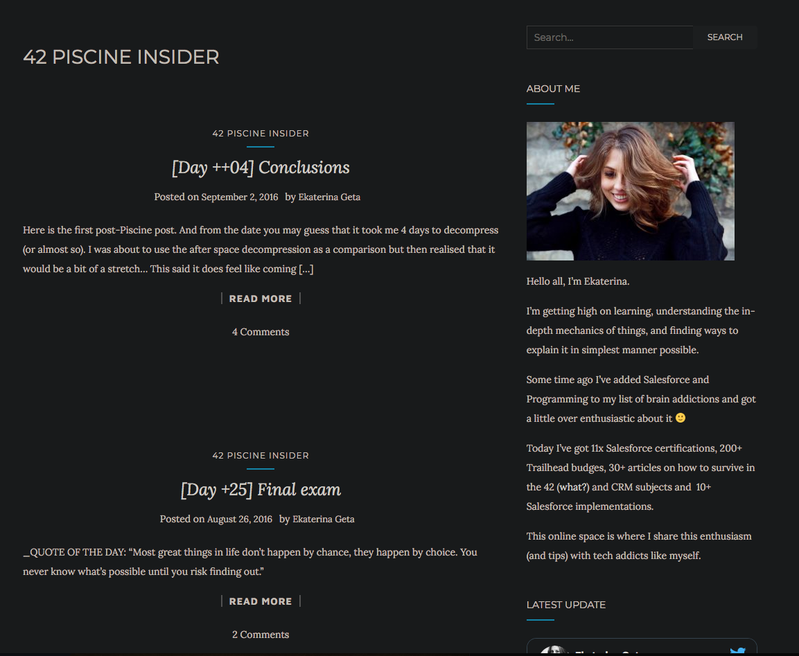 Blog formatted website with author touching behind her hair and smiling.