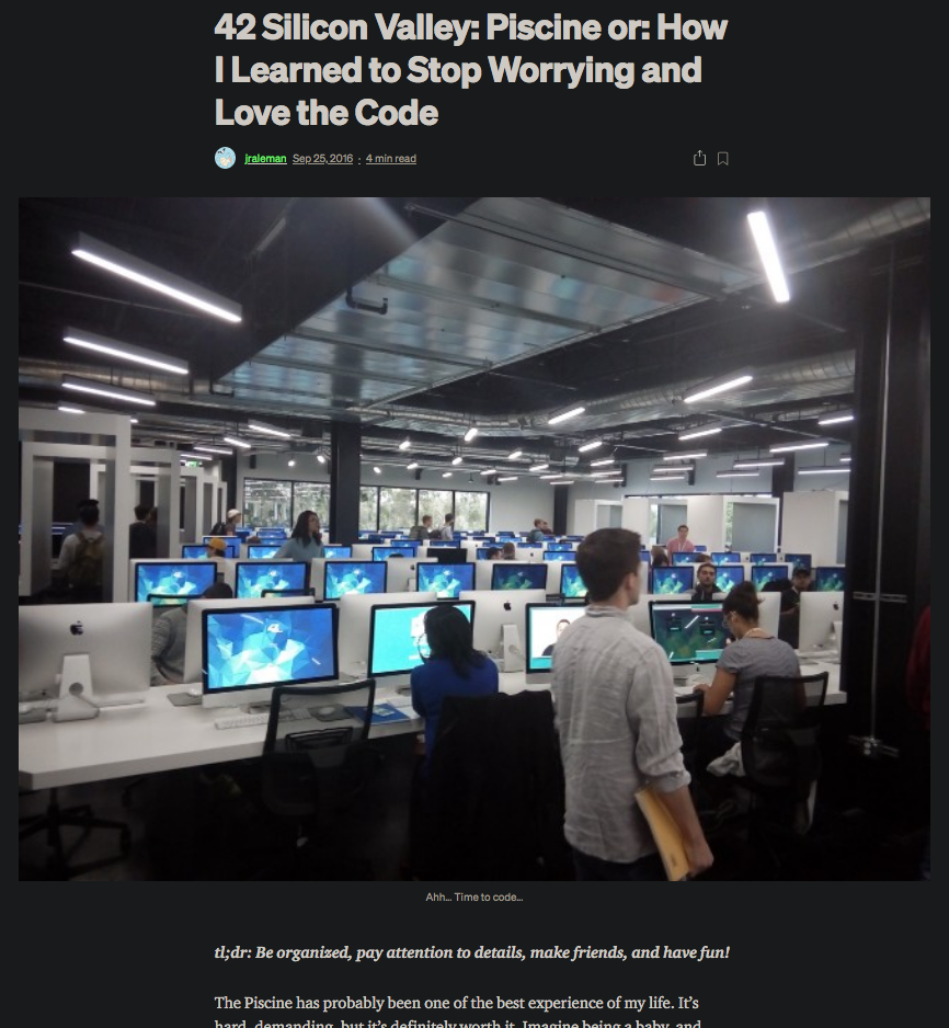 Medium article post with squirtle pokemon as profile picture and picture of 42 silicon valley labs.