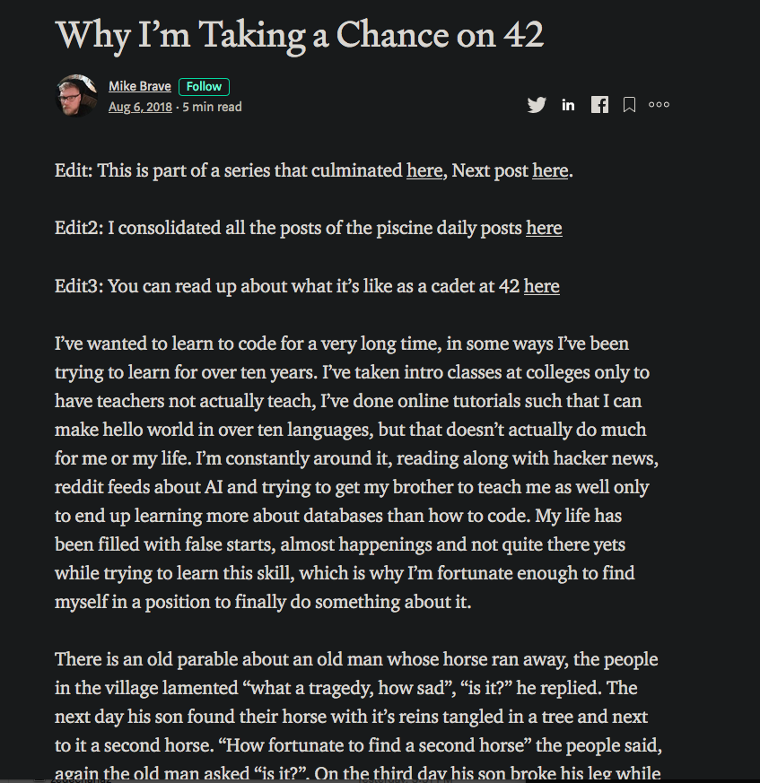 Medium article post with authors face underneath title.