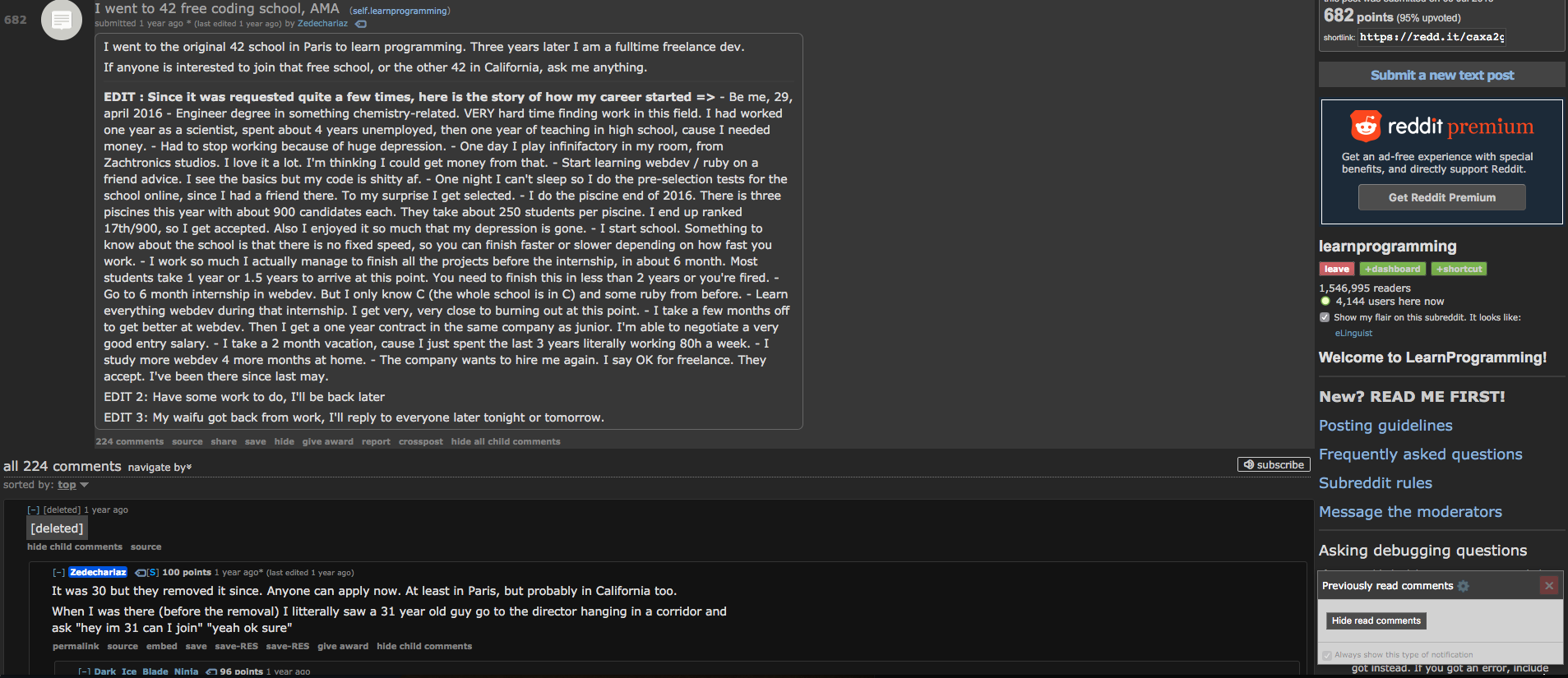 Screenshot of the reddit thread, lots of text.