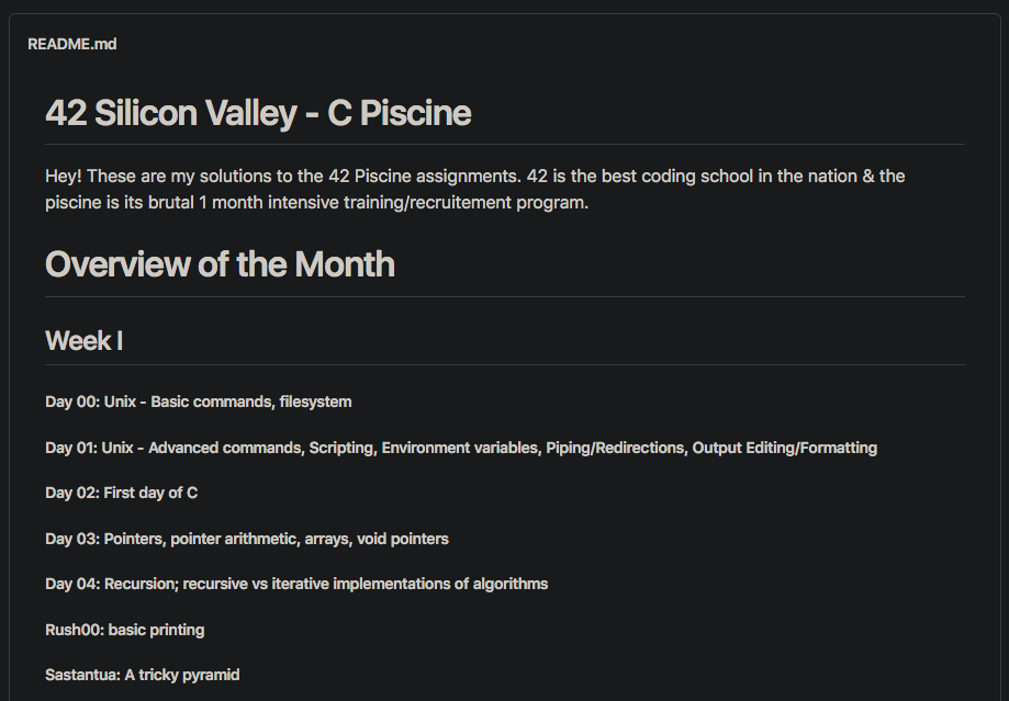 Screen cap of a github repo read me about the 42 Piscine.