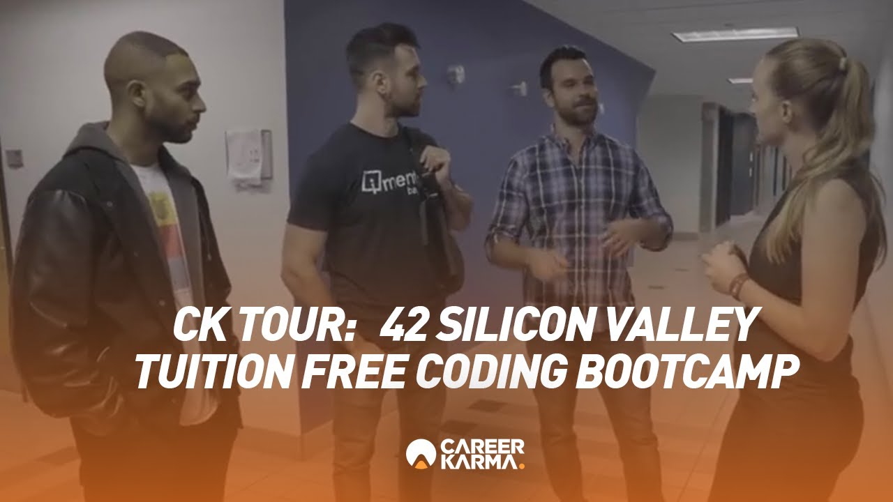 Youtube thumbnail of three men and a woman talking in the hallways of 42 Silicon Valley with the caption 'CK Tour: 42 Silicon Valley'.