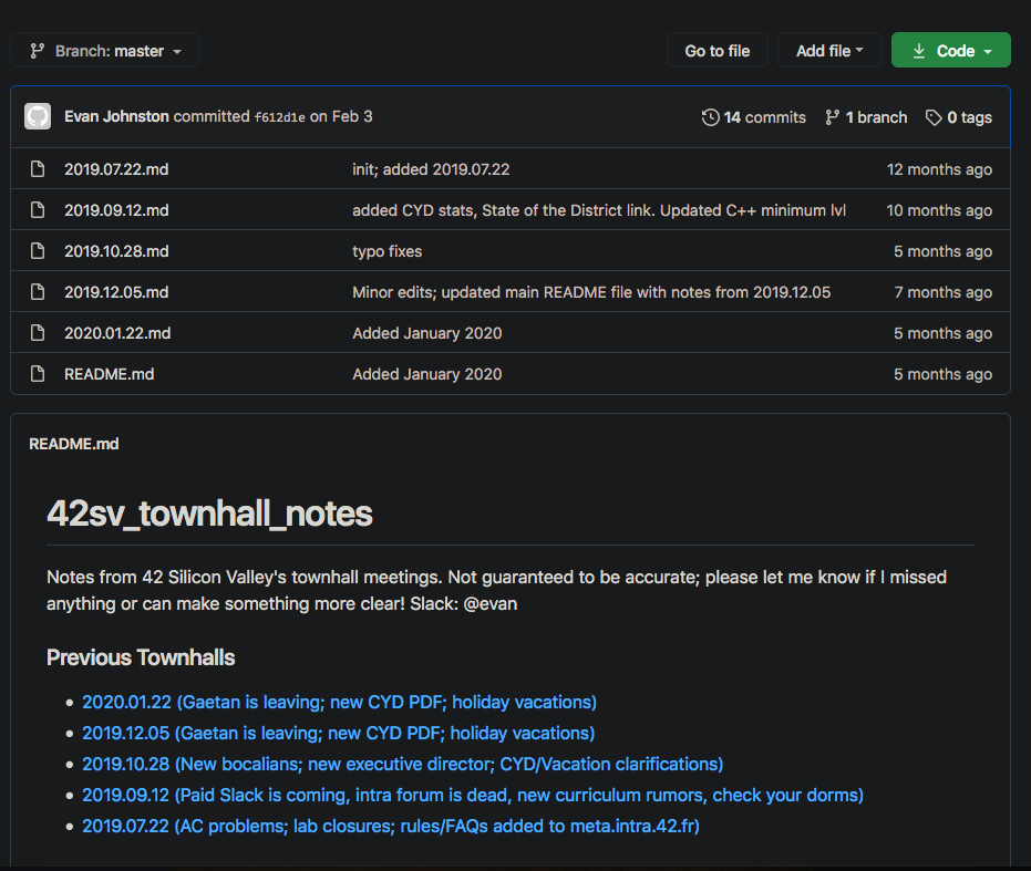 Screencap of the last github notes of 42 Silicon valley town hall.